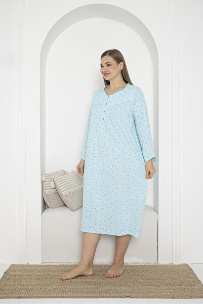 SEBOTEKS Long Sleeve Button Collar 100% Cotton Combed Plus Size Mother's Nightgown 933