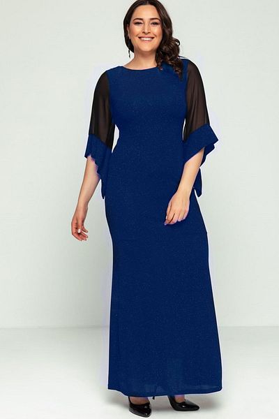 Elbise Delisi Women's Saks Plus Size Sleeve Chiffon Glitter Evening Dress