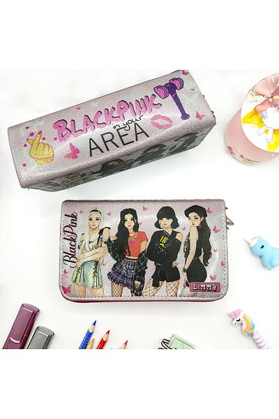 Limmy Glittery Sparkly Blackpink Μολυβοθήκη Vegan Δερμάτινη θήκη για στυλό με τρία διαμερίσματα - Ροζ