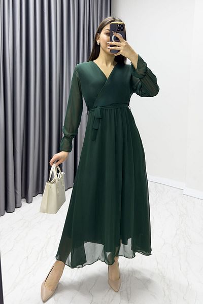 Elbise Delisi Women's Green Chiffon Lined Plus Size Dress