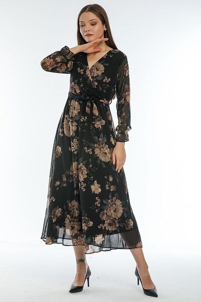 Elbise Delisi Black Flower Pattern Double Breasted Plus Size Chiffon Dress