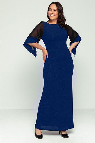 Elbise Delisi Women's Saks Plus Size Sleeve Chiffon Glitter Evening Dress