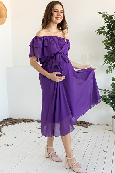Elbise Delisi Mor Madonna Fırfır Yaka Büyük Beden Şifon Emzirmeye Uygun Hamil...