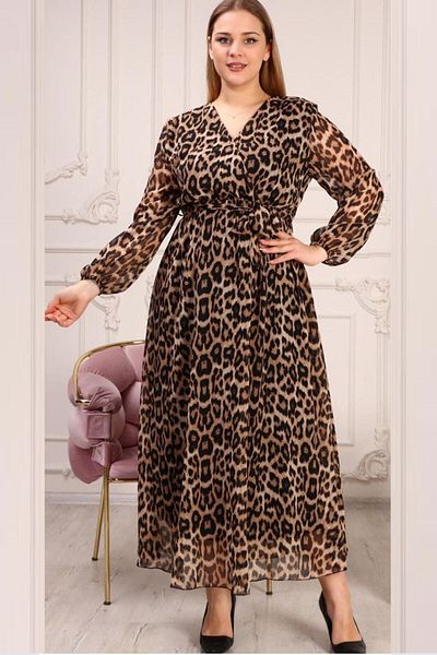 Elbise Delisi Φόρεμα Μαύρο Λεοπάρ μοτίβο με επένδυση Maxi Plus Size Chiffon Διπλό στήθος