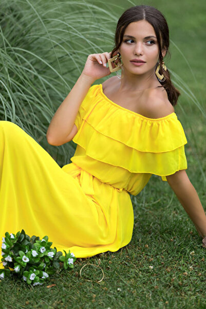 Elbise Delisi Madonna Ruffle Collar Yellow Plus Size Chiffon Dress