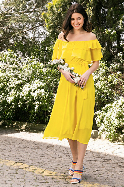 Elbise Delisi Sarı Madonna Fırfır Yaka Büyük Beden Şifon Emzirmeye Uygun Hamile Elbisesi