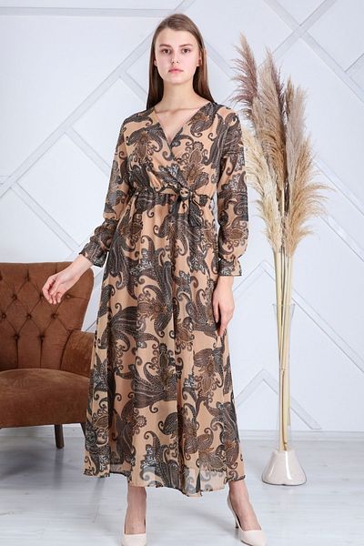 Elbise Delisi Women's Ethnic Cream Color Ethnic Pattern Double Breasted Collar Plus Size Chiffon Dress