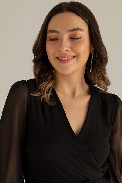 Elbise Delisi Black Balloon Sleeve Double Breasted Midi Chiffon Dress