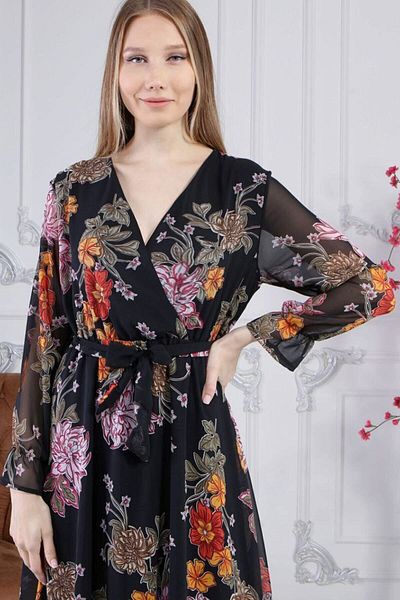 Elbise Delisi Women's Black Double-breasted Collar Flower Pattern Large Size Dress