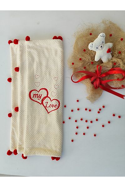 Tomuycuk Valentine's Day Tv Blanket My Love Embroidered Heart Pompom Sofa Wrap Blanket Gift