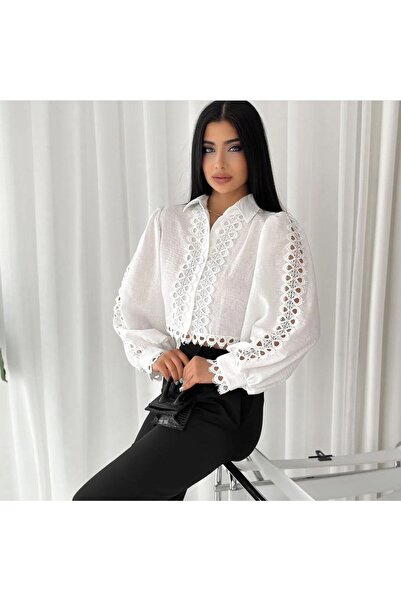 sewing story Dantel Güpür Detaylı Crop Beyaz Gömlek