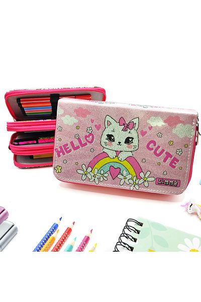 Limmy Glittery Sparkly Kitty Hello Cute Μολυβοθήκη Vegan Δερμάτινη θήκη για στυλό με τρία διαμερίσματα - Ροζ