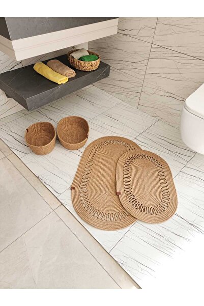 BHR Creative Set de covorașe de baie din iută, răchită, set de coșuri de baie...