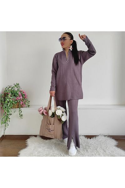 İpli Double Knitwear Set with Zippered Legs