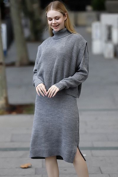 ALCHON Long Sleeve Crew Neck Plain Midi Length Dress Fisherman Thessaloniki Knit Loose Cut Jumpers Two Pieces Knitwear Suit
