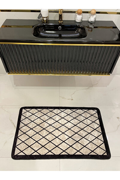 Brillant Tekli Geometrik Desen 80x120 Lateks Taban Banyo Paspas - BEJ-SİYAH
