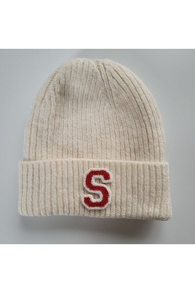 initialess Mohair Folded Knitted Ecru Wool Beret with Letter S