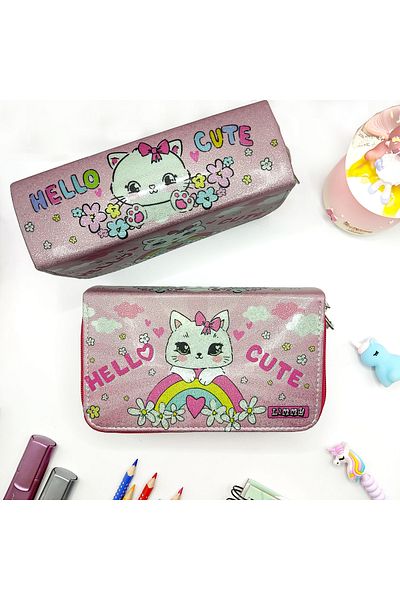 Limmy Glittery Sparkly Kitty Hello Cute Μολυβοθήκη Vegan Δερμάτινη θήκη για στυλό με τρία διαμερίσματα - Ροζ