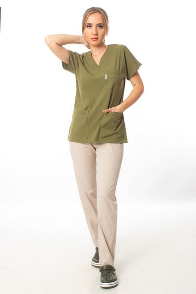 Simirna Üniforma Premium Fabric Lycra Surgical Doctor Nurse Top Khaki Green Bottom Cream Jersey Suit