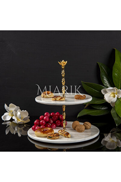 MIARIK DESIGN & DEKORASYON Dekoratif 2 Katlı Sunumluk Doğal Beyaz Mermer Gold...