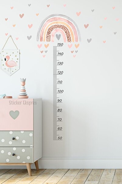 Sticker Ekspres Pastel Gökkuşağı Ve Kalpler Boy Ölçer Boy Cetveli Duvar Sticker