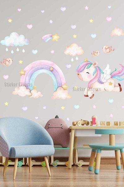 Sticker Ekspres Autocolant de perete pentru cameră pentru copii Set unicorn și curcubeu
