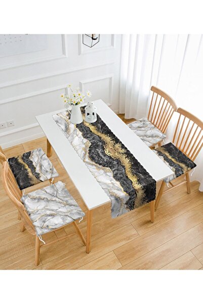 Nish & Royal Siyah Mermer Motifli 4 Yuvarlak Pofidik Sandalye Minderi Ve 1 Ru...