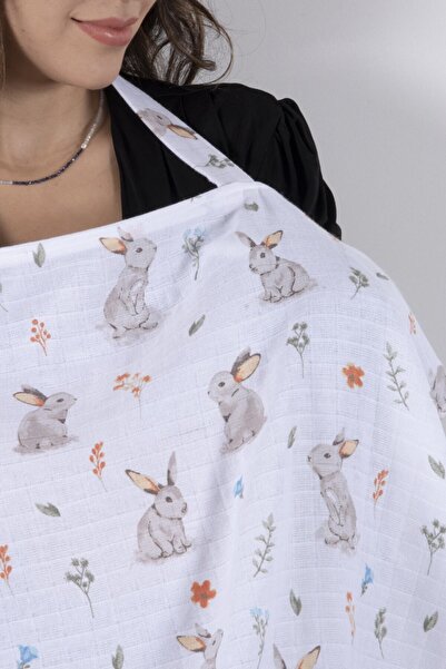 paris in paris Emzirme Örtüsü %100 Pamuklu Müslin Kumaş Tavşan Desenli