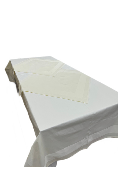HitDukkan Krem 2 Adet 80cmx80cm ve 130cmx280cm Çift Kat Pamuklu Atlas Kenarlı Masa Örtüsü 3 lü Set