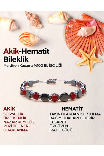 Deniz Doğal Taş Artanyon Model Red Agate Hematite Bracelet
