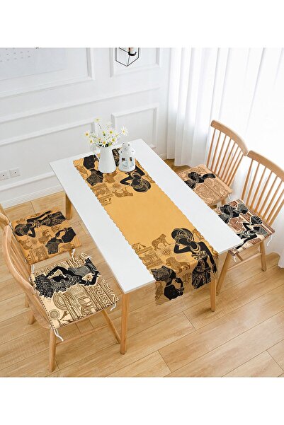 Nish & Royal African Women Girl Motifli 4 Fermuarlı Sandalye Minderi Ve 1 Run...