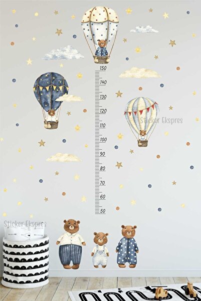 Sticker Ekspres Ayıcıklı Uçan Balonlar Boy Cetveli Boy Ölçer Çocuk Odası Duva...