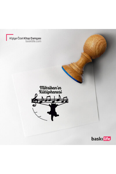 Baskı Life Müzik Nota Kedi Kişiye Özel Kitap Damgası Kitap Mührü Kaşe Kitap M...