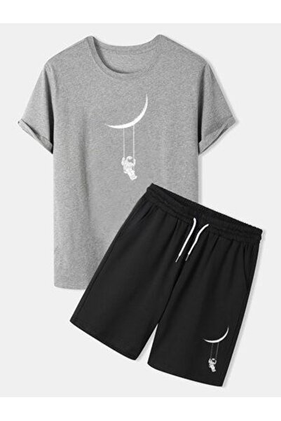 Sky Light Unisex Swing Printed Gray T-Shirt - Black Shorts Set