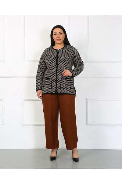 YASEŞA BUTİK YUNGE MOM WOMEN'S LARGE SIZE NİDA BLACK - CREAM HONEY COMB PATTERNED BUTTONED POCKET SLIT Knitwear Cardigan