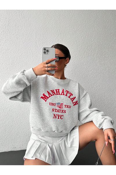 only moon Women's Clothing Embroidered Oversize Gray Crew Neck Sweatshirt