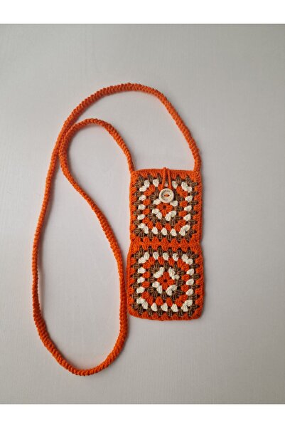 Butik Hobi Kafe Turuncu El Örgüsü Motifli Telefon Çantası