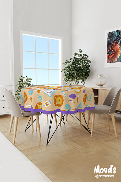 Moud's Orange Student Dog and Lion Patterned Round Suede Carefree Tablecloth