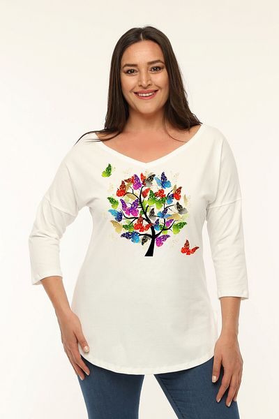 Curvy Trend Plus Size Colorful Butterflies Printed Wide V-neck Half Sleeve Oval Slit Blouse
