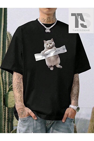 Tarzsokak Ανδρικό μπλουζάκι με στάμπα γάτας και γράμματα