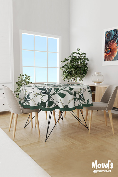 Moud's Koyu Yeşil Çiçekler Desenli Yuvarlak Süet Dertsiz Masa Örtüsü