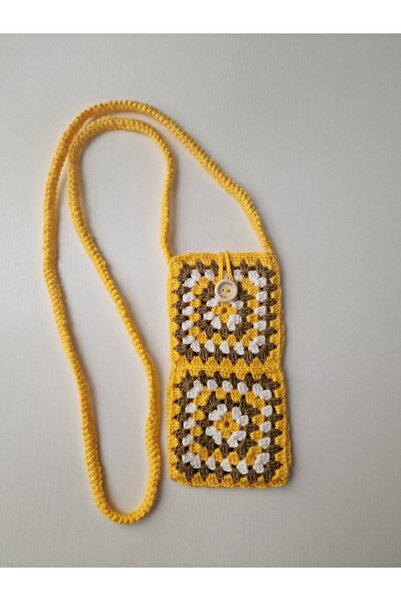 Butik Hobi Kafe Sarı El Örgüsü Motifli Telefon Çantası