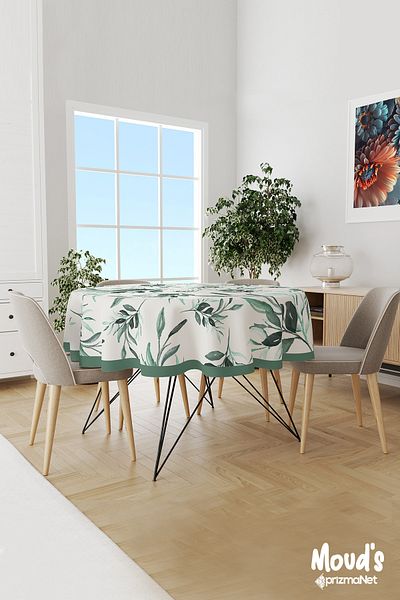 Moud's Water Green Floral Branches Patterned Round Suede Carefree Tablecloth