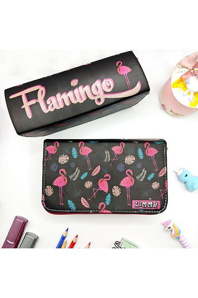 Limmy Μαύρη Vegan Δερμάτινη μολυβοθήκη με σχέδιο Flamingo - Τρία διαμερίσματα, ροζ