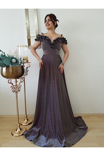 FERGAN Kadın Mor Madonna Yaka Tasarım Abiye Elbise