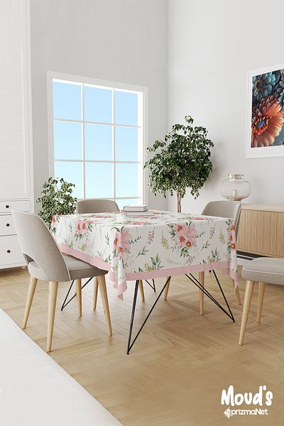 Moud's Light Pink Floral Patterned Suede Carefree Tablecloth