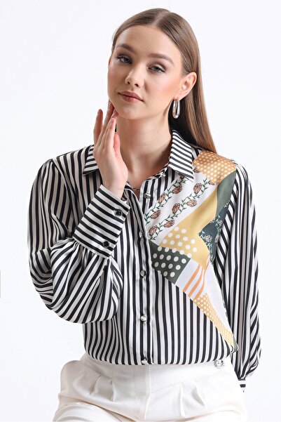 MD trend قميص نسائي من الساتان بتصميم عرقي مخطط وأكمام بالونية ورباط على الكتف