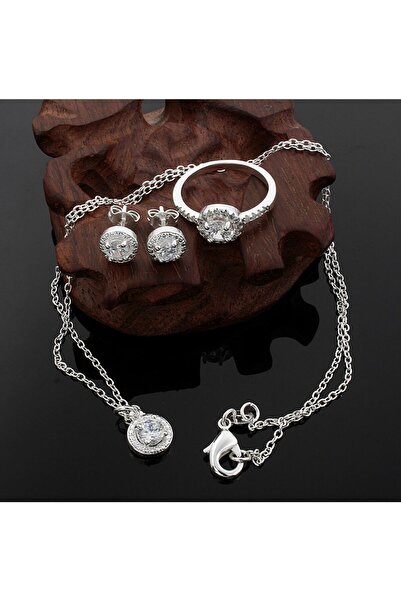 Takıtolia Exclusive Kristal Taşlı 925 Ayar Gümüş Kolye Küpe Yüzük Düğün Takı Seti