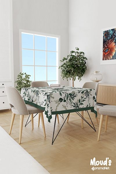 Moud's Dark Green Flowers Patterned Suede Carefree Tablecloth