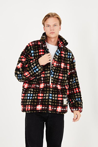 LOVELYSTORE Leopar Ve Kare Desenli Yünlü Unisex Ceket